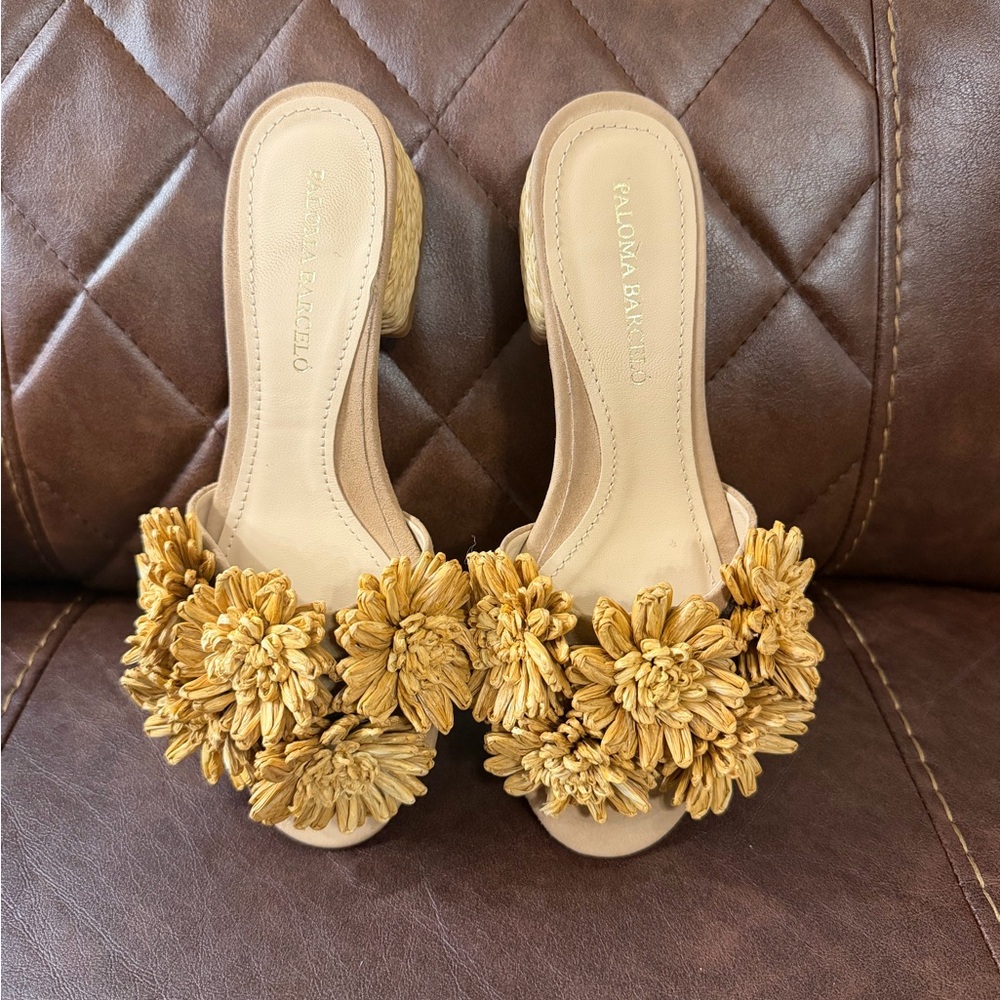 Paloma Barcelo Yellow Raffia Floral Block Heel Mules - Picture 7 of 10
